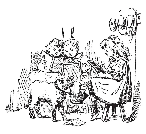 Mary Had Little Lamb Scene Shows Three Children Sitting Chairs — Stock Vector