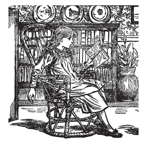 Bir Sandalye Kitaplık Yatak Odası Çocuklar Vintage Çizgi Çizme Kız — Stok Vektör
