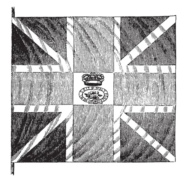 英国国旗 这面旗帜有黑暗的交叉与垂直线叠加在萨尔伯特 在中心它有皇冠和一个吊带衫与题字霍尼 Soit Qui Qual Pense 线画或雕刻插图 — 图库矢量图片
