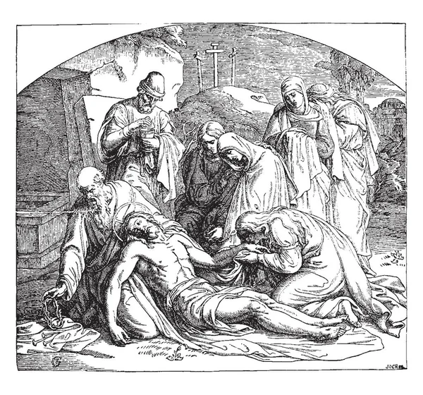 基督的埋葬 这一幕显示 一名男子在地上拿下了耶稣的尸体 其他人围坐在一起哭泣 复古的线条画或雕刻插图 — 图库矢量图片