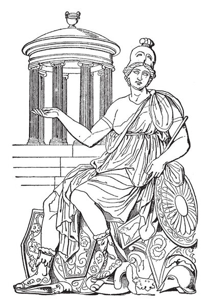 Rome Personified, a famous Roman statue in front, its a Roman architecture, vintage line drawing or engraving illustration.