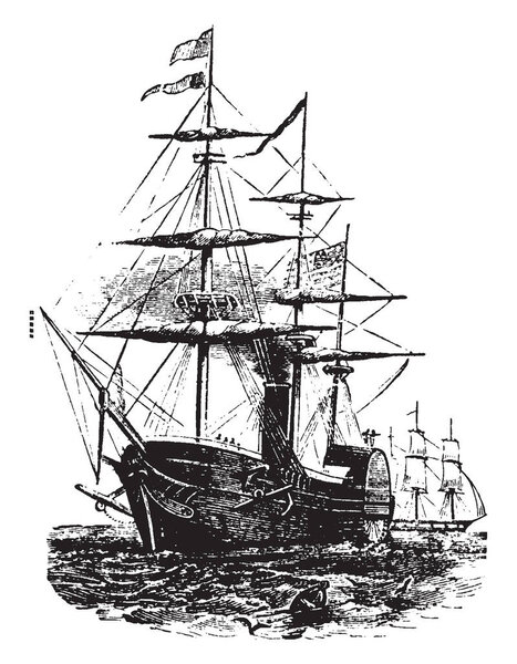 Boat with paddlewheel is a small human powered watercraft propelled by the action of pedals turning a paddle wheel, vintage line drawing or engraving illustration.