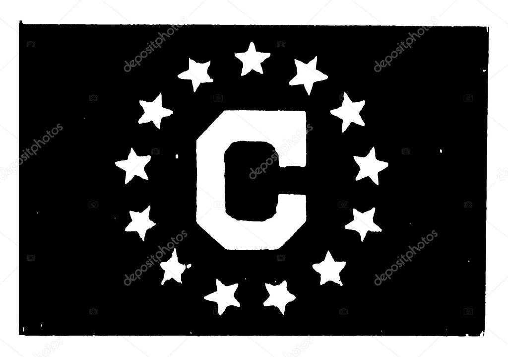 consular flag, 1923, this blue color flag has white color C letter at center,  and 13 white five pointed around letter C, vintage line drawing or engraving illustration