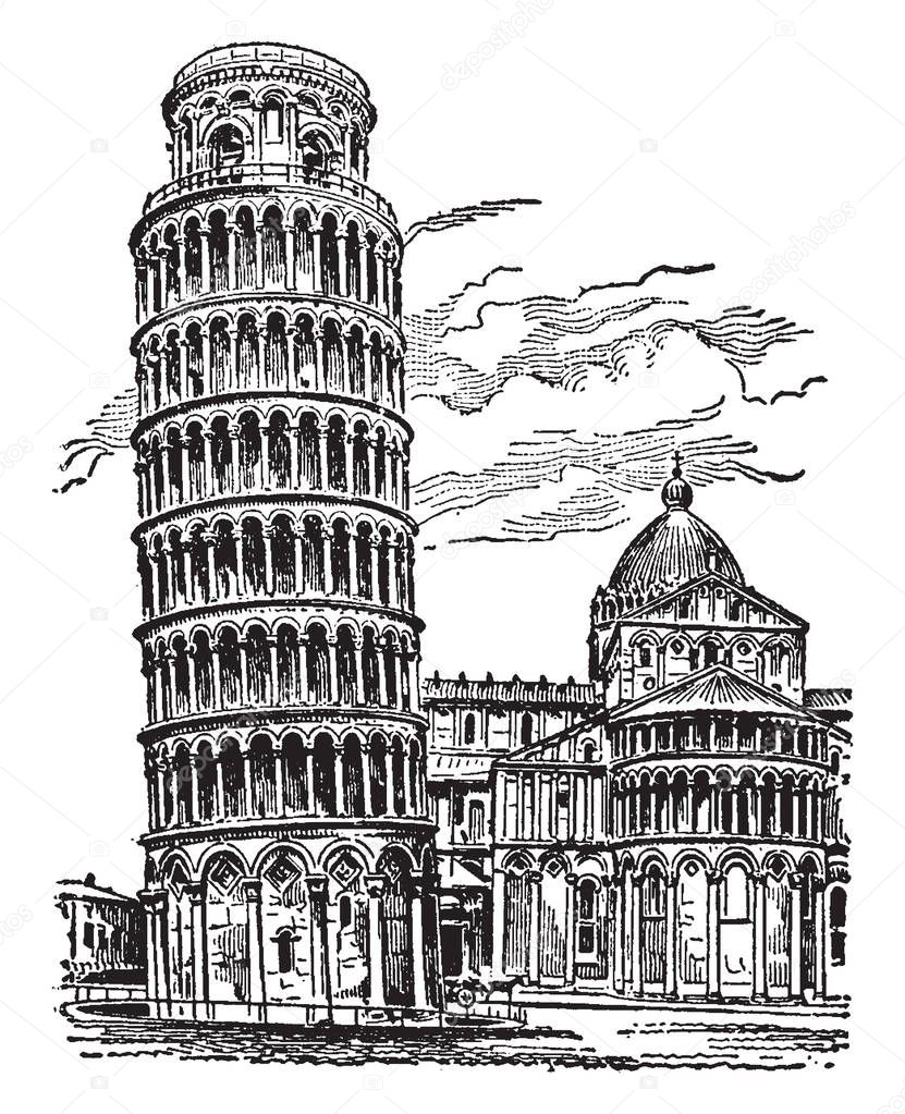 Leaning Tower of Pisa, The most remarkable buildings, the Campo Santo and the belfry, a cylindrical tower, vintage line drawing or engraving illustration.