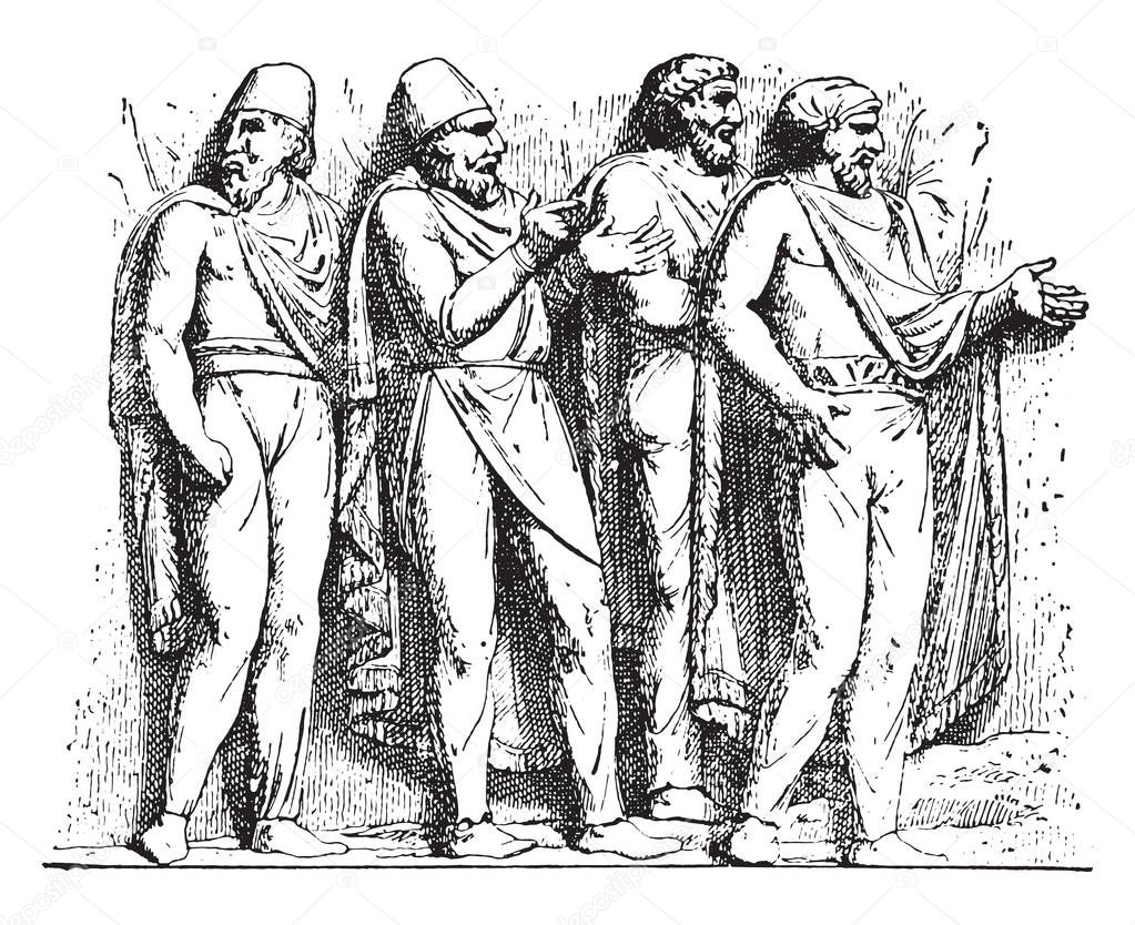 Dacian suits (Trajan column), vintage engraved illustration