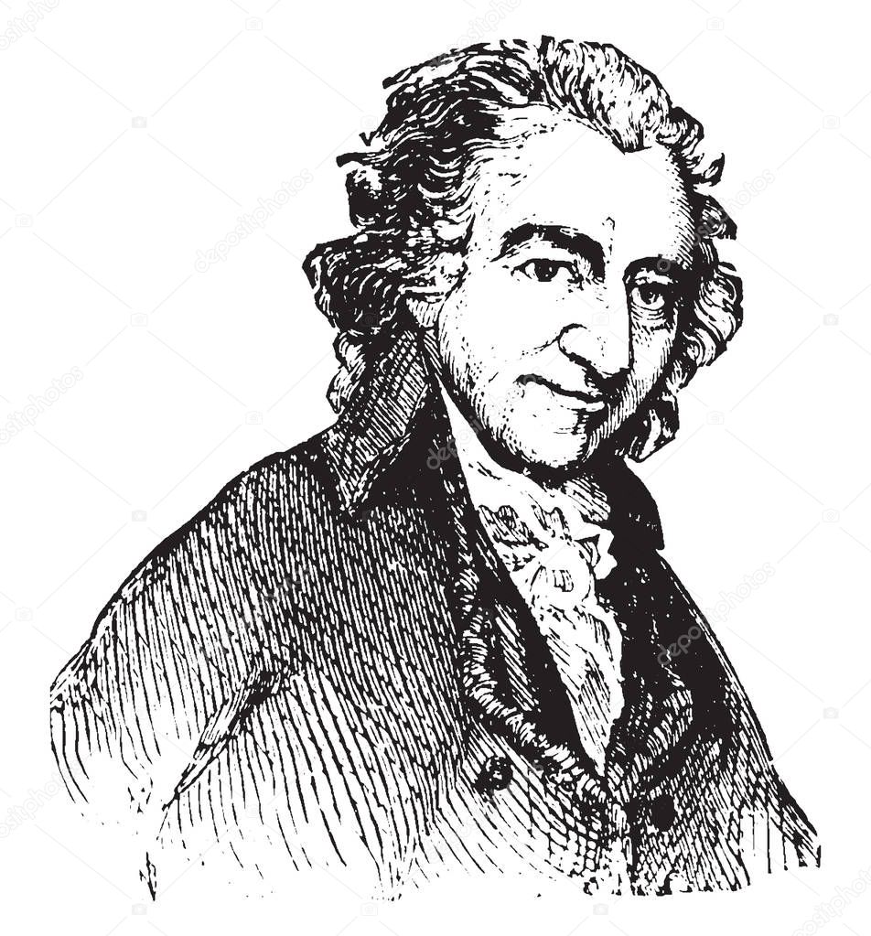 Thomas Paine, 1737-1809, he was an American political activist, philosopher, political theorist, and one of the Founding Fathers of the United States, vintage line drawing or engraving illustration