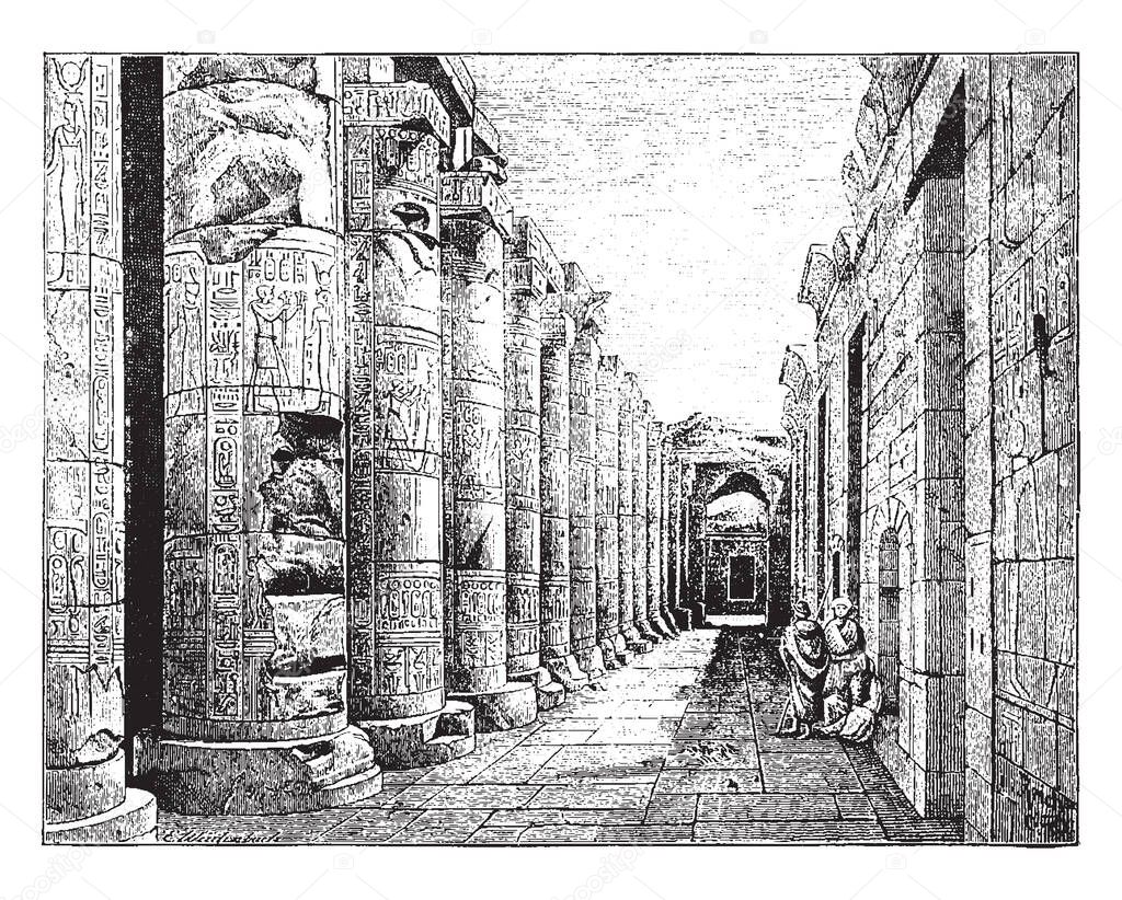 The Temple of Abydos,  temple contain carvings,  ancient, Egypt, Egyptian, ramses, vintage line drawing or engraving illustration.