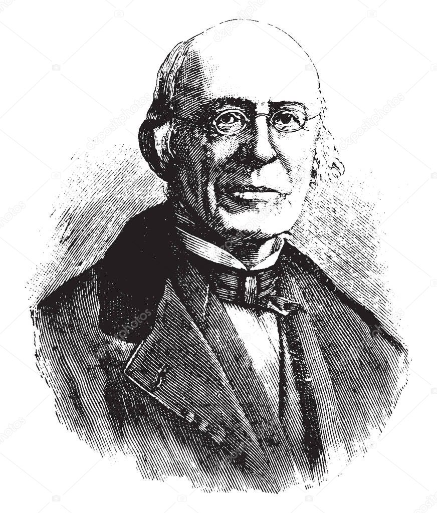 William Lloyd Garrison, 1805-1879, he was a prominent American abolitionist, journalist, suffragist, and social reformer, famous as the editor of the abolitionist newspaper The Liberator, vintage line drawing or engraving illustration