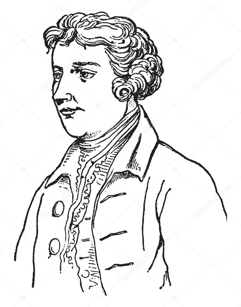 Edmund Burke, 1729-1797, he was an Irish statesman, an author, orator, political theorist, and philosopher, he member of parliament in the House of commons with the Whig party, vintage line drawing or engraving illustration