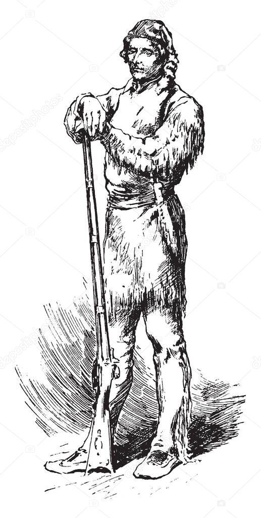 Daniel Boone, 1734-1820, he was an American pioneer, explorer, frontiersman and one of the first folk heroes of the United States, famous for his exploration and settlement, vintage line drawing or engraving illustration