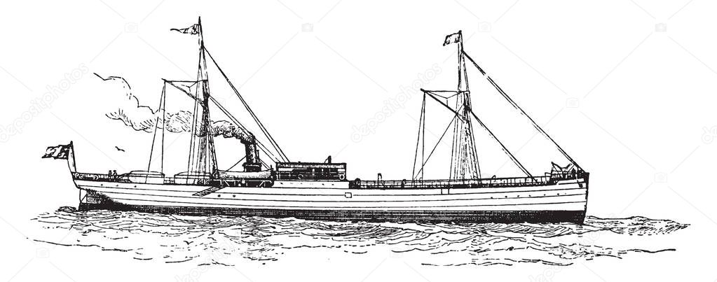 Oil Steamer where an oil steamer on the Caspian Sea, vintage line drawing or engraving illustration.