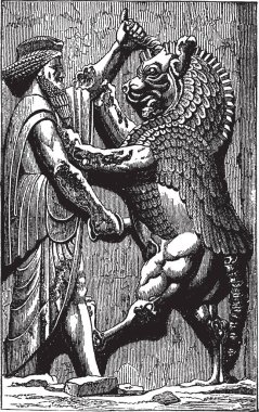 Bu şekilde Kral canavar, vintage çizgi çizme veya oyma illüstrasyon ile savaşta temsil eder..