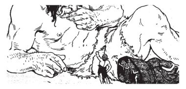 Vücut dev adam ve eldiven üç küçük insanlar, dev adam, vintage çizgi çizme veya oyma illüstrasyon konuşmak başka bir küçük adam