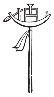 Bu resmi bir sopa üzerinde gemi bir resim gibi görünüyor vardır. Ve o sopa, vintage çizgi çizme veya oyma illüstrasyon sarılmış kumaş parçası.