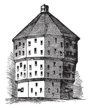 Bu resimde blok ev savunma, vintage çizgi çizme veya oyma illüstrasyon geçici aracı olarak kullanılan temsil eder..