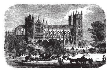 Westminster Abbey, mimari, İngiltere'de, Gotik Kilisesi, Gotik tarzı, Londra, işaret stili, vintage çizgi çizme veya oyma illüstrasyon.