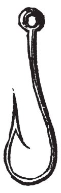 Olta kancası catch balık için kullanılır. Olta kancası balıkçı, vintage çizgi çizme veya oyma illüstrasyon bir silahtır.
