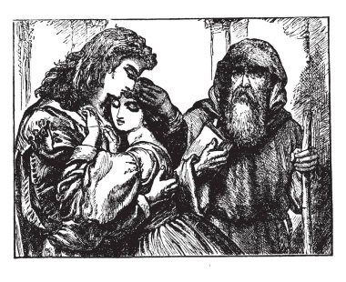 Bir genç çocuk ve Genç kız birbirlerine ve kitap ve onlara yakın duran sopa ile yaşlı adam sarıldı, vintage hat çizim veya gravür illüstrasyon