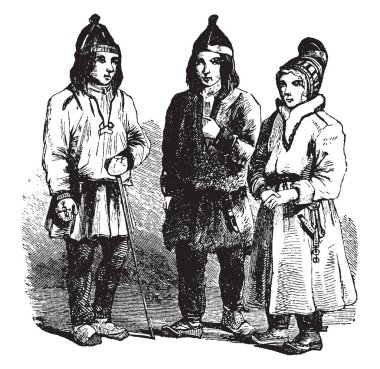 Bu resimde Shore Laponyalı, vintage çizgi çizme veya oyma illüstrasyon temsil eder..