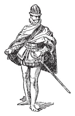 El, vintage çizgi çizme veya oyma illüstrasyon kılıçla bir İspanyol soylu