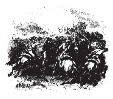 Efendim Banastre Tarleton ve Albay George Washington, vintage çizgi çizme veya oyma illüstrasyon arasındaki savaş.