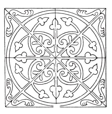 Ortaçağ Kare Panel bir benzersiz tasarımı, vintage çizgi çizme veya oyma illüstrasyon ile süslüdür.