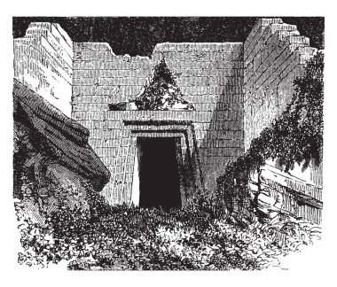 Tomb of Atreus, the Treasury of Atreus,  tomb located in Mycenae, The face of the tomb consists, a triangle above the doorway, a semi-underground circular room, vintage line drawing or engraving illustration.  clipart