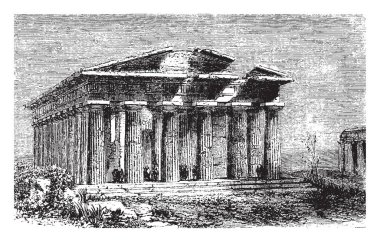 Dikey sütun, vintage çizgi çizme veya oyma illüstrasyon Greko-Romen antik, şehir Paestum, İtalya'da, Campania bölgesinde bulunan Neptün Tapınağı, yapılmış.