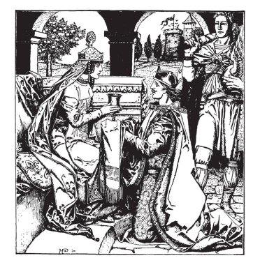 Sandalye ve onun önünde diz oturan Kral oturan Kraliçe ve Kraliçe'ye, bir adam duran, vintage çizgi çizme veya illüstrasyon oyma bir fincan sunar