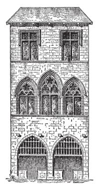 Görüntü Sarlat mevcut olan evi gösterir, Sarlat-la-Caneda güneybatı Fransa'nın Dordogne bölümünde bir ortaçağ kasabası, vintage çizgi çizim veya gravür illüstrasyon.