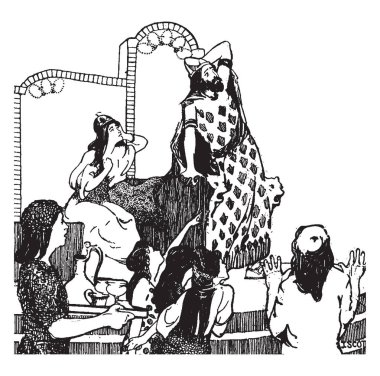 Belshazzar vizyon bu sahneyi oturan bir kız gösterir ve adam ayakta onu, sürekli adam baş bir yandan, diğer insanlar onlara bakmak, vintage hat çizim veya gravür illüstrasyon