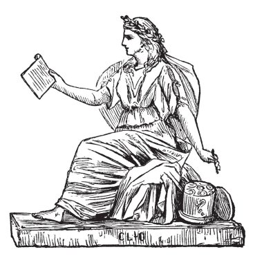 Bir yazma kap ve bir belge, vintage çizgi çizme veya oyma illüstrasyon tutan bir kadın kadın heykeli.