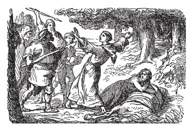 Marsh Kral kızı, bu sahneyi bir adamla mücadele bıçak ile spears ile dört kişi gösterir, Erkek düştü yere onun arkasında, arka plan, vintage çizgi çizme veya oyma illüstrasyon ağaçlar üzerinde