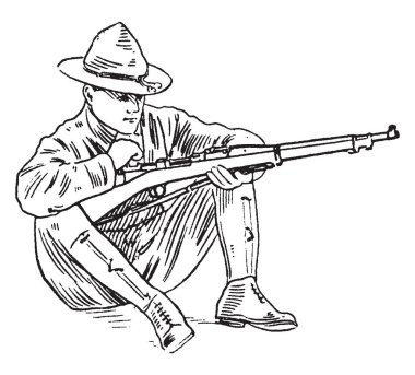 Diz, vintage çizgi çizme veya oyma illüstrasyon üzerinde oturan tüfeği olan bir adam