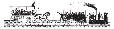 Peter Cooper lokomotif Tom Thumb ve Stockton ve Stokes at arabaları, vintage çizgi çizme veya oyma illüstrasyon arasındaki demiryolu iz.