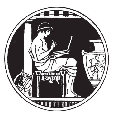 Bir Atinalı gençlik eğitim ya da Atina, çocuk, Yunanistan, okul, derslik, vintage çizgi çizme veya oyma illüstrasyon okul.