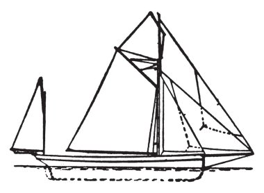 YAWL bir iki direkli yelkenli tekne sloop veya kesici benzer olmakla birlikte bulunan ek bir mizzenmast ile iyi kıç ana direği, vintage çizgi çizme veya oyma illüstrasyon.
