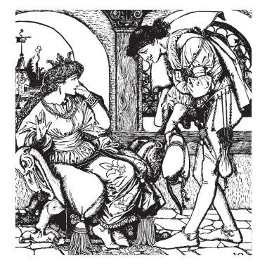 Prenses sandalye ve onun önünde, o bir şey elinde tutarak eğildi Prens vintage çizim oturma veya illüstrasyon oyma