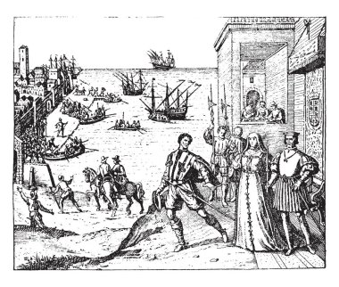 Kalkış Christopher Columbus Kraliçesi Isabella ve Kral Ferdinand İspanya'nın bu. Orada deniz üzerinde bazı tekneler ve atlar, vintage çizgi çizme veya oyma illüstrasyon insanlar biniyor.