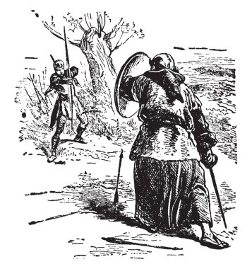 Kim kendini koruma kalkanı ile arka planda ağaç okları başka bir adam onun önünde ayakta doğru yay ile çekim bir adam, vintage satır çizim veya gravür illüstrasyon