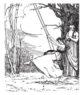 Bir genç erkek, Swing ve ağacın arkasında ona yakın duran adam oynamak vintage satır çizim veya gravür illüstrasyon