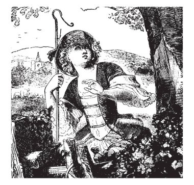 Küçük Bo Peep, bu resim sopayla ağaç ve arka plan, vintage çizgi çizme veya oyma resimde dağda altında oturan bir kız gösteriyor