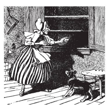 Mother Hubbard, this scene shows an old woman looking into cupboard and dog standing near table, vintage line drawing or engraving illustration clipart