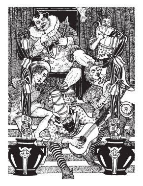 Krala sandalyede oturan ve sigara, yakın onun sandalyede oturan ve farklı müzik aletleri, sandalye, vintage çizgi çizme veya oyma illüstrasyon yakınındaki kase ayakta tutan bir adam oynarken üç fiddlers