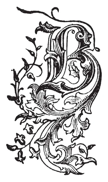 Декоративная Заглавная Буква Окруженная Листьями Виноградными Лозами Рисунок Винтажной Линии — стоковый вектор