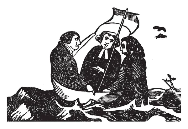 高谭市的男人 这一幕显示三个智者在碗里的大海 复古线画或雕刻插图 — 图库矢量图片