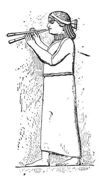 亚述太监演奏双笛 复古雕刻插图 古老家庭的私有生活1881年 — 图库矢量图片