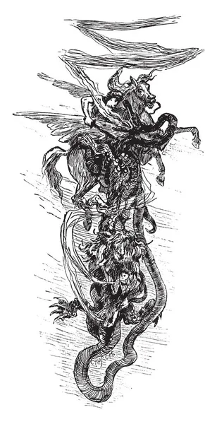这种嵌合体 这张图片显示了马骑手与剑在手和蛇在空中 复古线条画或雕刻插图 — 图库矢量图片