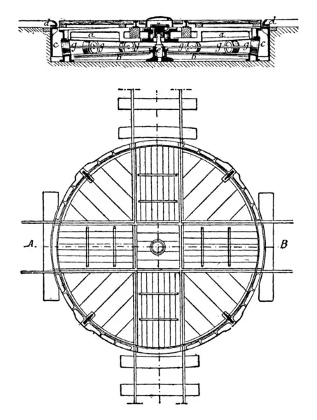 ターン テーブル 平面図と断面図 ヴィンテージには図が刻まれています 産業百科事典 1875 — ストックベクタ