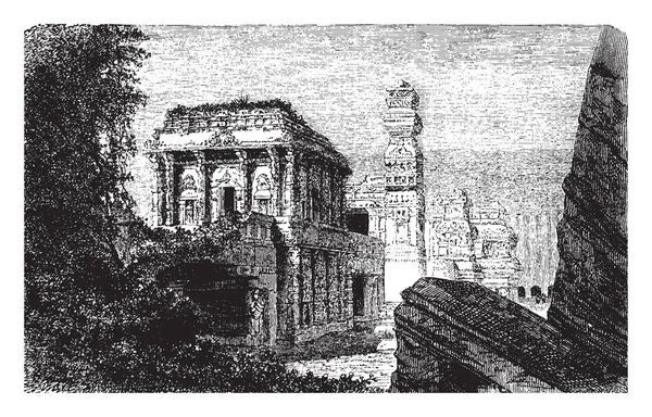 エローラ石窟寺院はインド ビンテージの線描画や彫刻イラストでオーランガバードで発見された遺跡です — ストックベクタ